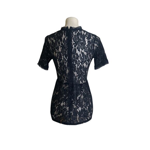 Navy Lace Peplum Top – Sheer Short Sleeve Blouse with Lined Bust & Back Zip - Picture 2 of 6